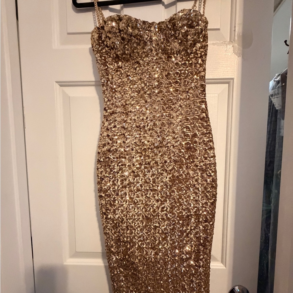 Gold Strapless Sequin Midi Dress